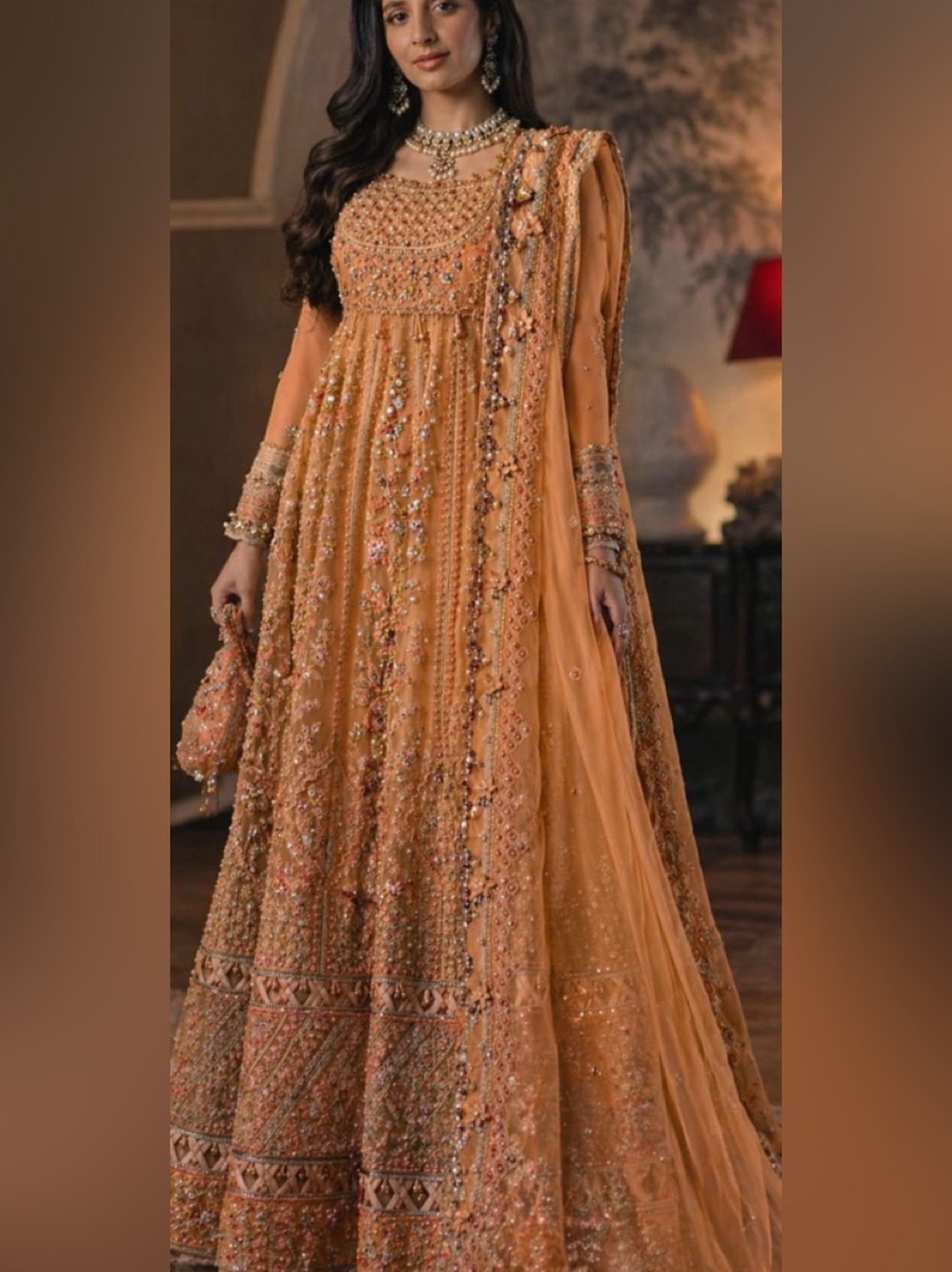 Embellished Orange Women’s Formal Dress bust 39 net party wear maxi